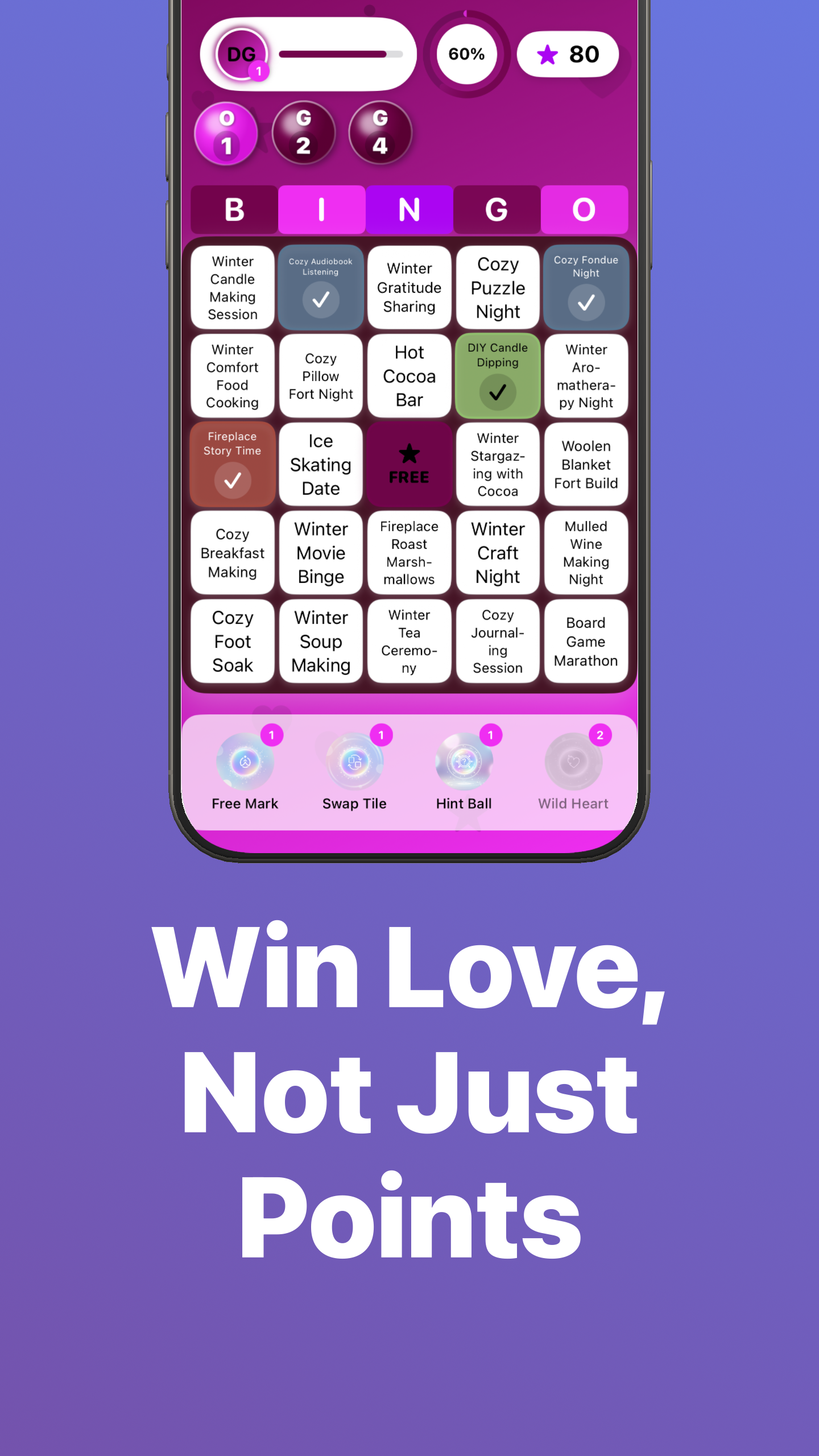 CouplesBingo gameplay board with themed prompts, bingo tiles, and points UI.