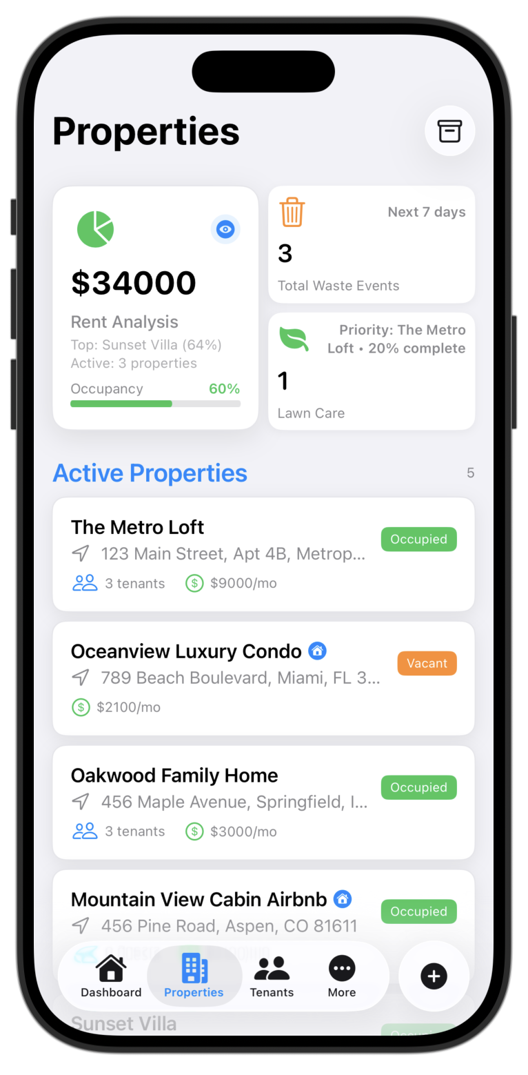 Dinamik Management properties screen with active units, occupancy, and rent analysis cards.